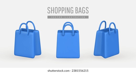 Set of 3d empty shopping bags, handbags in cartoon style. Discount, promotion, sale, shopping concept. Vector illustration.