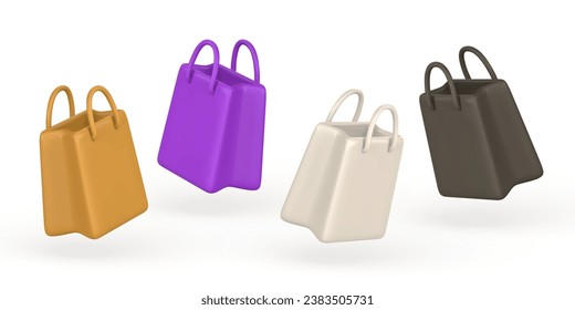 Set of 3d empty shopping bags, handbags in cartoon style. Discount, promotion, sale, shopping concept. Vector illustration.