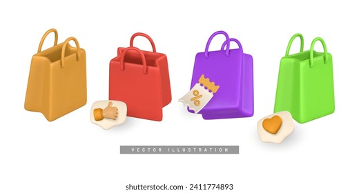 Juego de bolsas de compras 3d vacías, bolsos de mano al estilo de las caricaturas. Descuento, promoción, venta, concepto de compras. Ilustración vectorial.