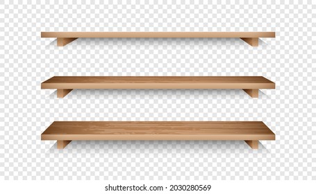 Set of 3d empty wooden shelves. Realistic bookshelves with wood texture for online store advertising. Grocery racks vector illustration