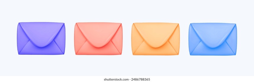 A set of 3D envelopes in different colors: purple, red, orange, and blue. For mobile applications to indicate messages, notifications, mailings for sections related to communication, feedback.