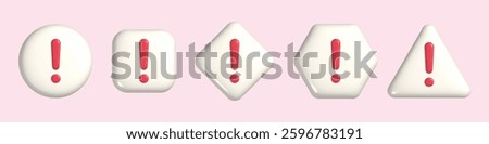 Set of 3d exclamation sign on different plastic badges. Realistic icon collection with white geometric shapes and red warning signal. 