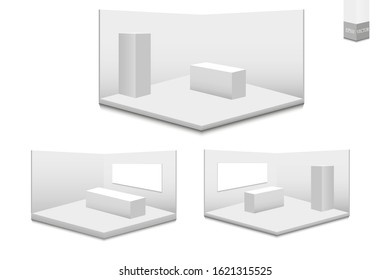 Set of 3D exhibition stands. White blank advertising stand with a desk. Vector white blank geometric square. Conference room presentation. Blank template