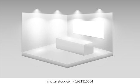 Set of 3D exhibition stands. White blank advertising stand with a desk. Vector white blank geometric square. Conference room presentation. Blank template