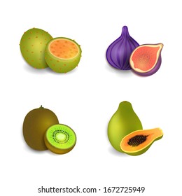 Set of 3d exotic tropical fruits. Whole with half Papaya, whole and half Fig, whole and half Kiwi fruit, whole and half Prickly Pear. Vector illustration.
