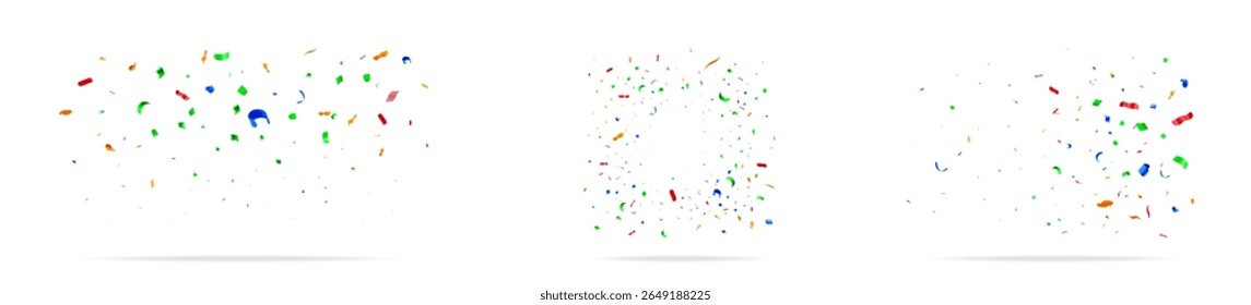 Set of 3d falling colorful curly ribbons and confetti isolated on white background. Festive celebration element for party.