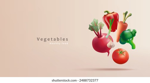 Set of 3D farm fresh vegetables. For healthy food, supermarket sale, cooking concepts. Vector illustration.
