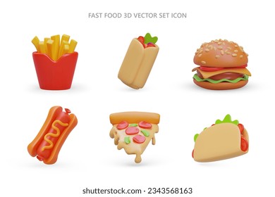 Set of 3D fast food icons. Realistic images of french fries, shawarma, hamburger, hot dog, pizza, taco. Colored isolated vector illustration. Images for site, application, game design