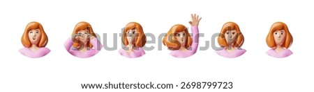 A set of 3D female character avatars with various facial expressions, pink clothing, and brown hair. Positive and negative emotions, greeting gesture. Close-up of the character, social media. Vector.
