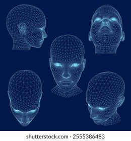 Set of 3D Female Polygon Wireframe Head. Vector illustration.