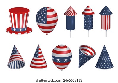 Set of 3d festive art objects for USA independence day. Render of fireworks, balloons, Uncle Sam hat in US flag patterns. American national celebration design elements. Vector realistic illustration.