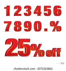 Set 3D of figures of red color and sign of percent. Number from 1 to 9. Discount numbers. Eps10.