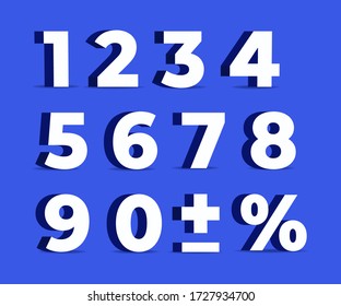 Set 3D of figures of white color  on blue background and sign of percent plus minus. number from 1 to 9 vector illustration eps 10