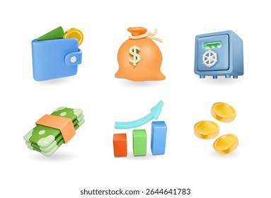 Conjunto de ícone financeiro 3D, Negócios e conceito financeiro. Cofre de banco, carteira, moedas, saco de dinheiro.