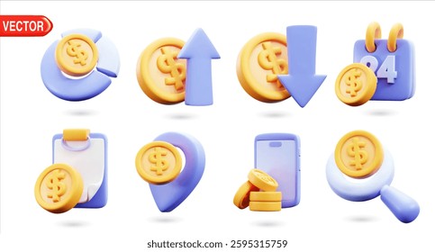 Set of 3D finance icons with pie chart, upward arrow, downward arrow, calendar, clipboard, location pin, smartphone, magnifying glass, coins. Trendy vector design, isolated elements.