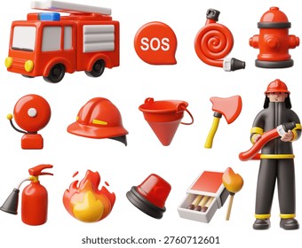 A set of 3D fire safety icons, including a vehicle, equipment, tools, and a character in uniform. Firefighting services, protection, and assistance. For educational or gaming platforms. Vector.