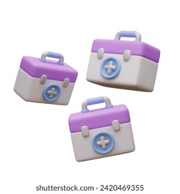 Set of 3D first aid kits on white background. Colored boxes with medicines