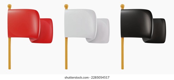Set 3d flag stick in cartoon realistic minimal style  Red  black   white color  Simple design bright  glossy element  Vector illustration  