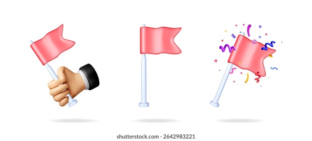 Set of 3d flags, one held by a hand and one with confetti, a concept for goal achievement and celebration.