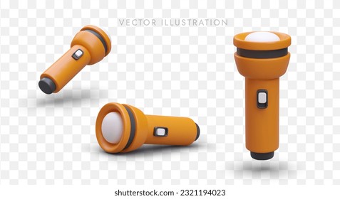 Set of 3D flashlights in cartoon style. Colored hand held tourist lamps. View, side, front, back. Isolated vector image with shadows. Rechargeable flashlight