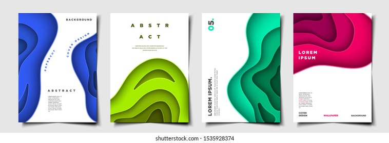 Set Of 3d Flat Colorful Fluid Papercut Style Cover Design, Trendy Banner, Brochure, Poster Template Collection