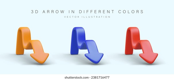 Set of 3D flexible arrows of different colors with shadows. Curved pointers in cartoon style. Icons for web design. Highlighting main elements in composition