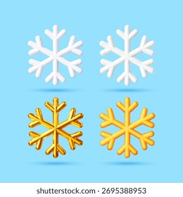 Conjunto de iconos de copo de nieve 3d esponjosos y brillantes para el invierno, las Navidades y el diseño de vacaciones. Símbolo de nieve realista para elemento de decoración estacional. Ilustración vectorial