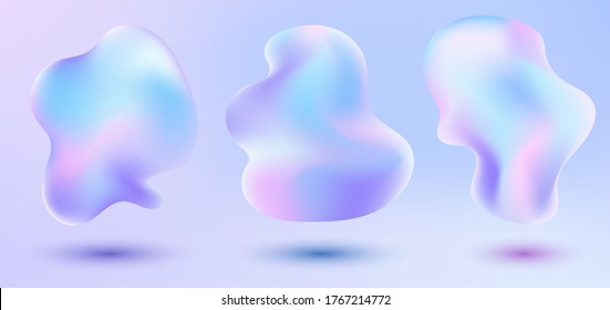 Set Of 3D Fluid Or Liquid Flowing Shape Design Element Holographic Background. Vector Illustration