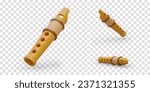 Set of 3D flutes in different positions. Wind musical instrument, block flute. Recorder, woodwind. Isolated vector images for thematic site, application. Music icons