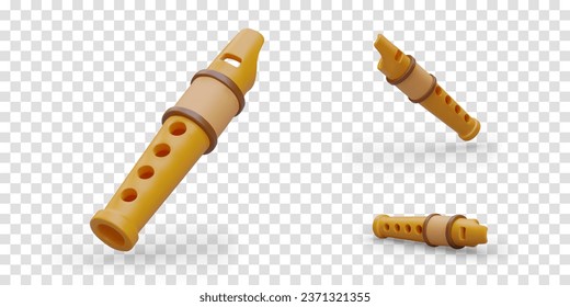 Conjunto de flautas 3D en diferentes posiciones. Instrumento musical eólico, flauta de bloque. Grabadora, viento de madera. Imágenes vectoriales aisladas para sitio temático, aplicación. Iconos de música