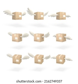 Conjunto de caja de cartón 3d volante con alas. Envase de envío de cartón. Concepto de servicio de entrega. Ilustración vectorial.