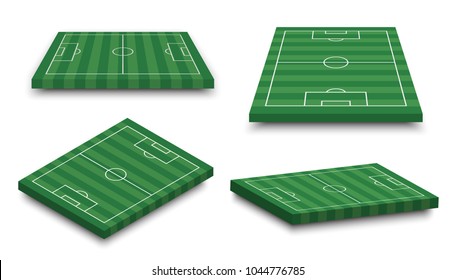 Set of 3D football field on white isolated background . Perspective and isometric aspect . Vector .