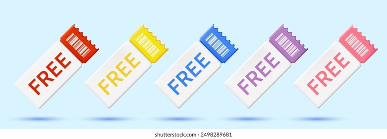 Set of 3d Free coupon. Free promotion. 3D voucher is red, blue, yellow, pink, and purple. Vector realistic coupon design for big sale, special offer, and discount voucher. Vector illustration.