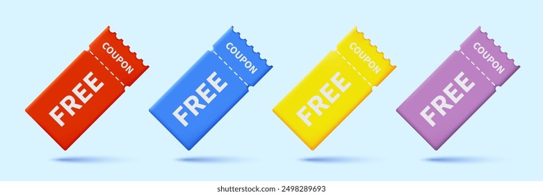 Set of 3d Free coupon. Free promotion. 3D voucher is red, blue, yellow, and purple. Vector realistic coupon design for big sale, special offer, and discount voucher. Vector illustration.