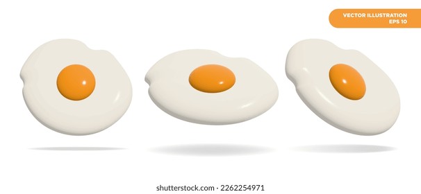 Juego de huevos fritos 3D. Huevos soleados colocados en el fondo blanco.  Ilustración vectorial. EPS 10