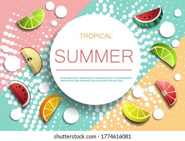 Set of 3D fruit slices. Abstract composition of ripe limes,
grapefruits, oranges, lemons, watermelons, and apples. Design for decoration.
Stock vector.
