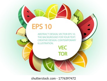 Set of 3D fruit slices. Abstract composition of ripe limes, 
grapefruits, oranges, lemons, watermelons, kiwis, and apples. Design for the design. 
Stock vector.