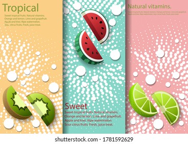 Set of 3D fruit slices. Abstract composition of ripe limes,
watermelons, and kiwis. Design for decoration. Stock vector.
