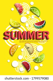 Set of 3D fruit slices. Abstract composition of ripe limes,
grapefruits, oranges, lemons, watermelons, and apples. Design for decoration.
Stock vector.