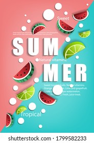 Set of 3D fruit slices. Abstract composition of ripe limes,
and watermelons. Design for decoration. Stock vector.