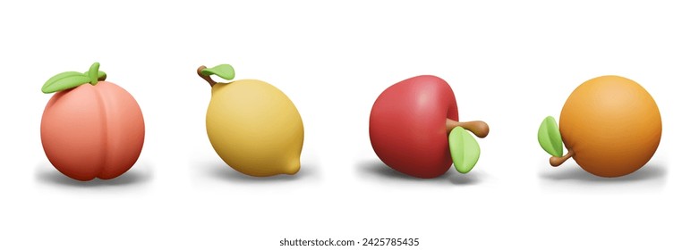 Set of 3D fruits with green leaf in cartoon style. Vector peach, lemon, apple, orange