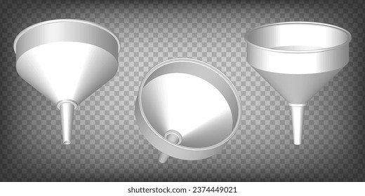 Set of 3d Funnel realistic on transparent background. Funnel  3d icon illustration with different views and angles.  Abstract concept of graphic elements for your design.