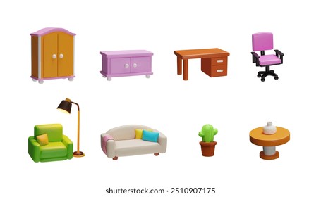 Un conjunto de muebles 3D que consta de un sofá, una mesa, un armario, una silla de ordenador y mucho más. El diseño del Vector destaca el entorno minimalista para una sala de estar