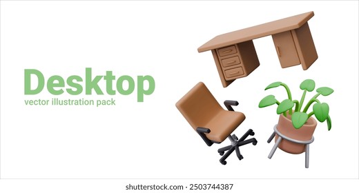 Set of 3D furniture for modern workplace with flora. Desk, ergonomic chair, plant in pot