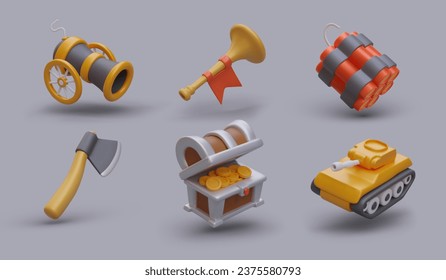 Conjunto de ilustraciones de juegos 3D al estilo de las caricaturas. Cañón de rueda, cuerno de bandera roja, dinamita, hacha, cofre de moneda, tanque. Imagen de vector de color con sombras. Plantilla para juegos en línea