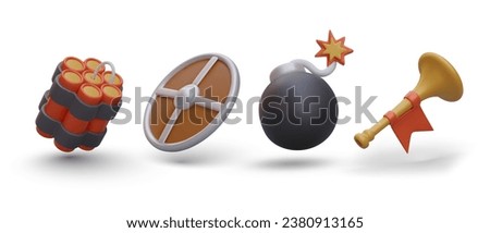 Set of 3D game images. Dynamite, shield, cannon ball with burning cord, bugle with red flag. Concept of battle and victory. Fanfare for winner. Isolated illustration on white background