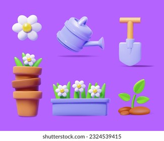 Conjunto de objetos con temática de jardinería 3D. Flor, maceta de plantas, pala y brote aislados en un fondo morado.