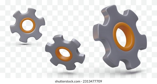 Set of 3D gears with shadows. Isolated vector images of tools. Realistic gray cogwheels with yellow hubs. Front, side view. Technical support, settings