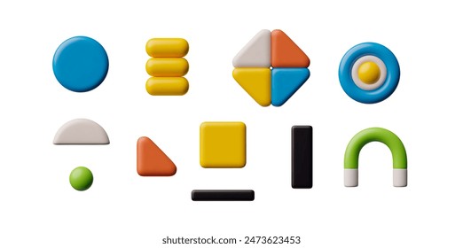 A set of 3D geometric in the brutalist style: triangular, round, square, rectangular shapes. Icons with rounded edges, flat and three-dimensional shapes