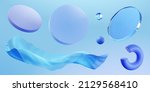 Set of 3D geometric elements including round discs, balls, and wavy fabric isolated on blue background